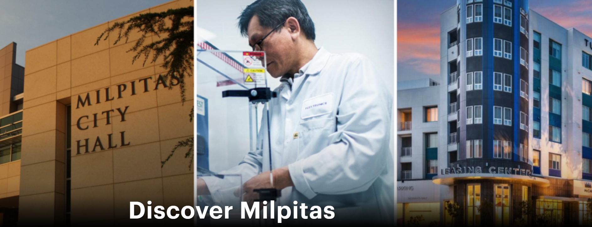 Three images of Milpitas City Hall, a lab technician and a new apartment building