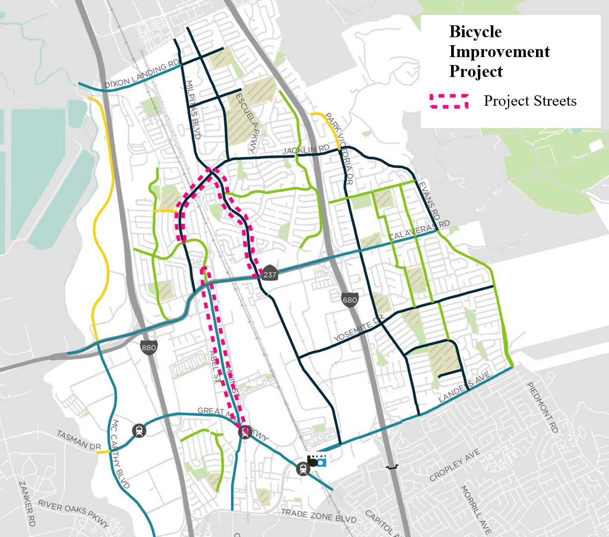 A map showing the project streets of the Bicycle Improvement Project