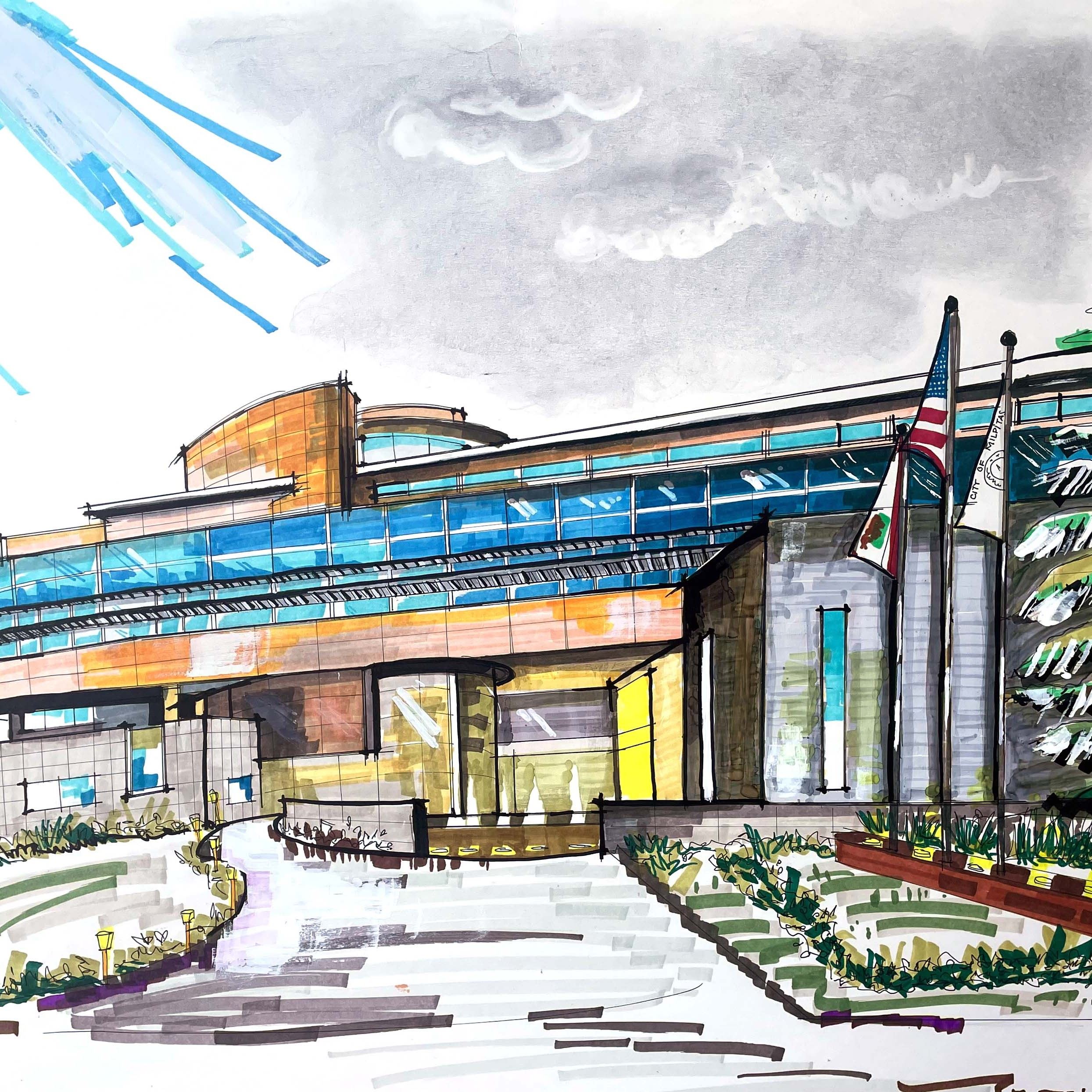 A marker sketch of the front of Milpitas City Hall